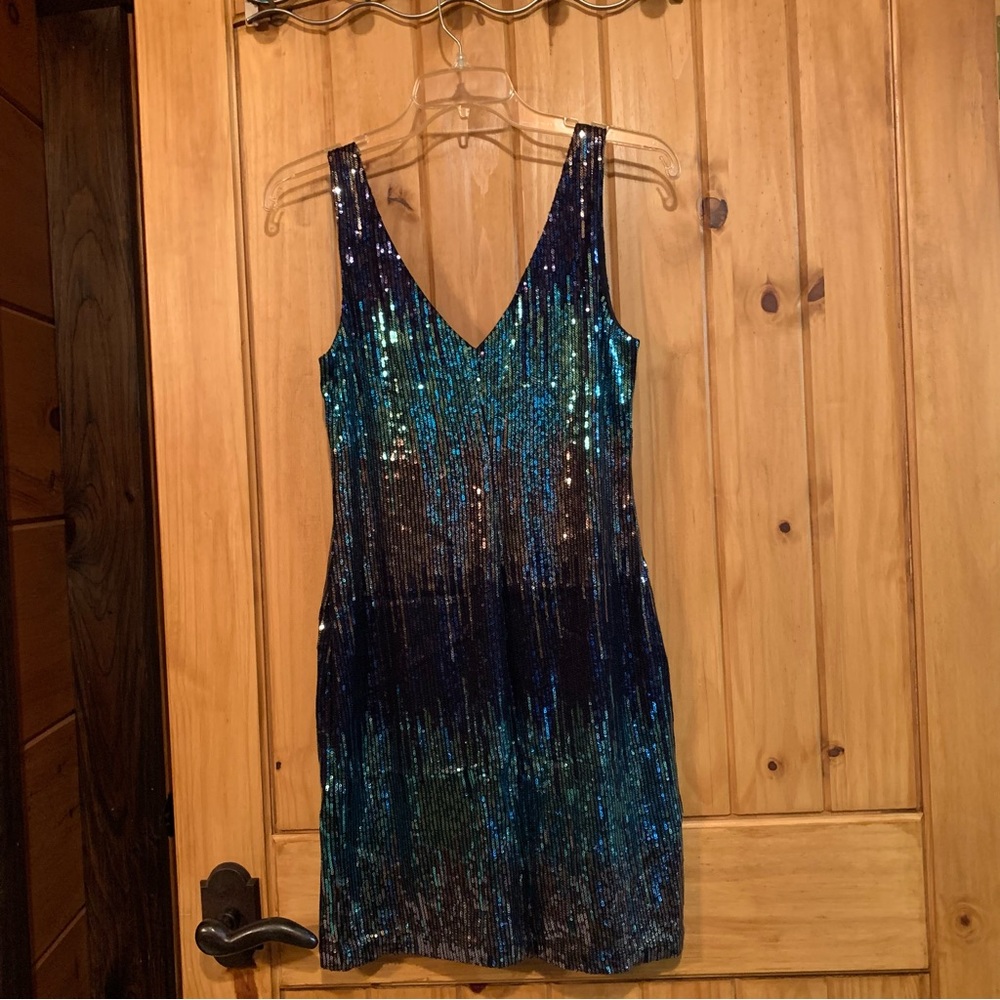 CHARLOTTE RUSSE Tiny Mostly Blue Sequin Dress Sz M - Picture 2 of 10